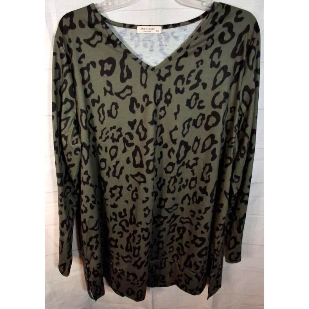 Maysoar Green Cheetach Print Long Sleeve Shirt with pockets Size XXL